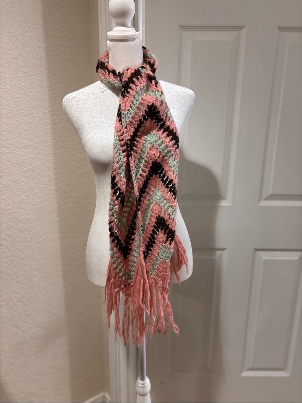 Lucky Brand Pink Chevron Knit Scarf with Mint & Black Accents